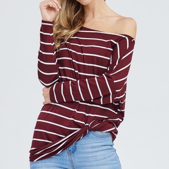 Burgundy Off Shoulder Striped Top - Picture 3 of 7